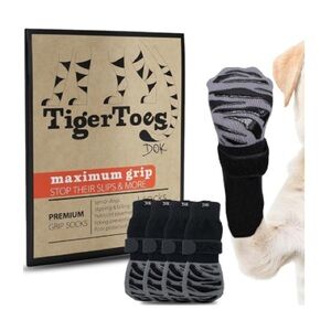 NEW DOK TIGER TOES NON-SLIP DOG SOCKS HARDWARE FLOORS MED FREE POOPY BAG ROLL
